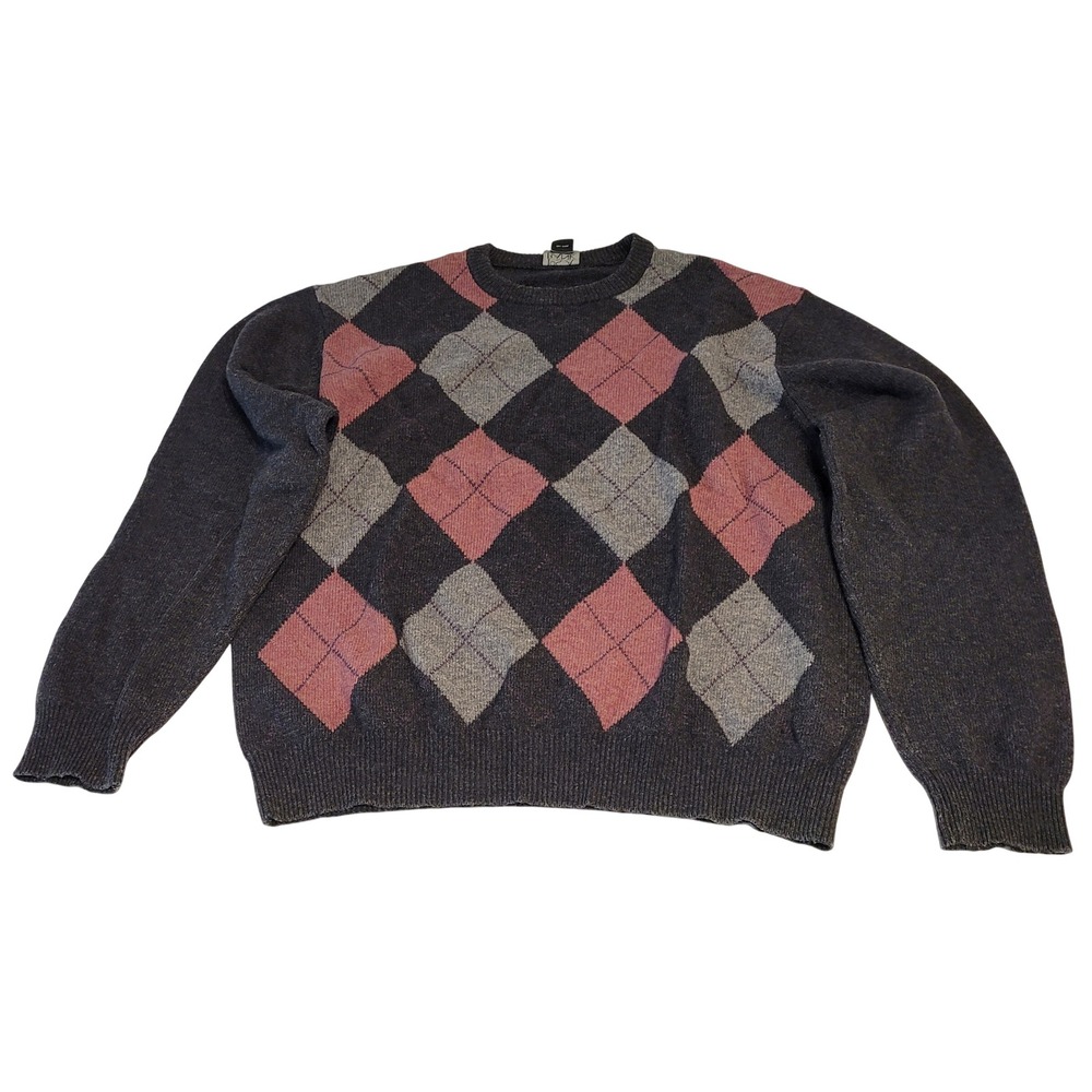 Vintage Jos A Bank Lambswool Argyle Sweater Mens Large Charcoal Pink Pullover